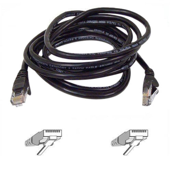 Belkin 20-foot black Cat 5e network patch cable with RJ45 connectors and connector diagram