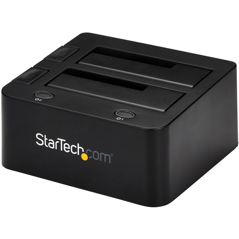 Side view of StarTech.com dual-bay docking station showing compact design