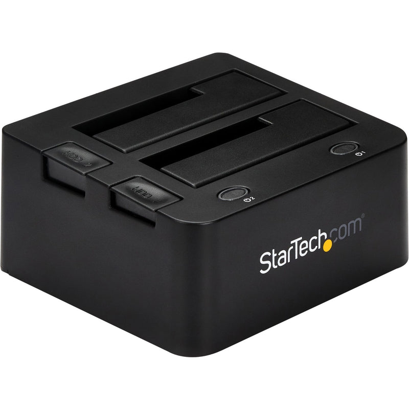 Top view of StarTech.com UNIDOCKU33 dual-bay hard drive docking station in black