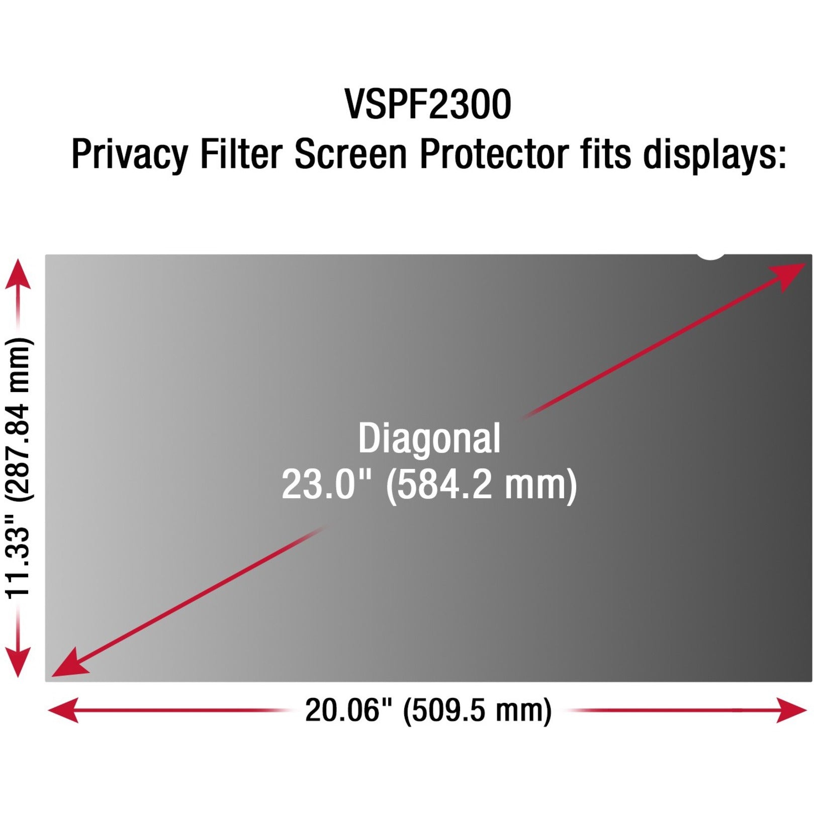 Dimensional diagram showing exact measurements of ViewSonic VSPF2300 privacy filter for 23-inch monitors-alternate-image1