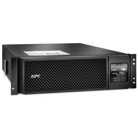 Front view of APC SRT5KRMXLI 5000VA rack-mount UPS with LCD display and honeycomb ventilation pattern