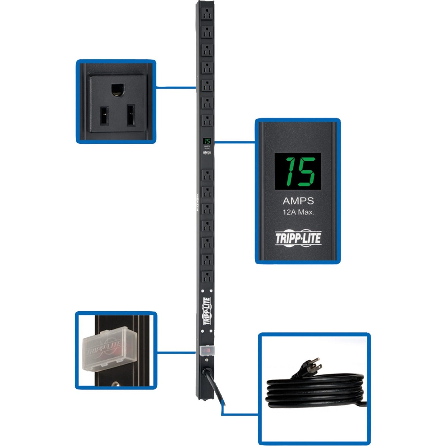 Tripp Lite PDU featuring digital amp meter display and multiple power outlets with detailed callouts of features-alternate-image1