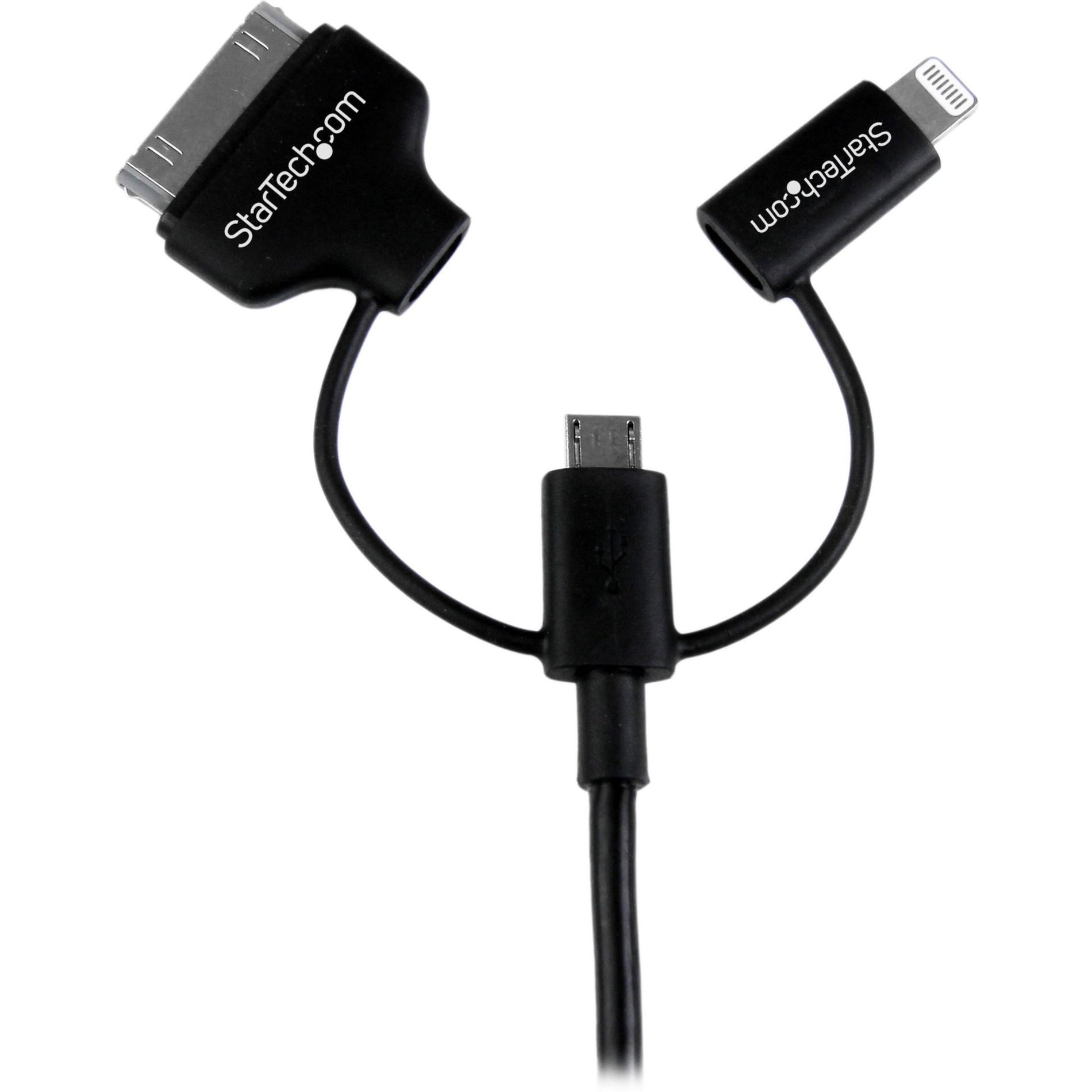 StarTech.com LTADUB1MB Lightning/30-pin Dock/Micro USB to USB Combo Cable for iPhone / iPod / iPad, 3.28 ft, Black