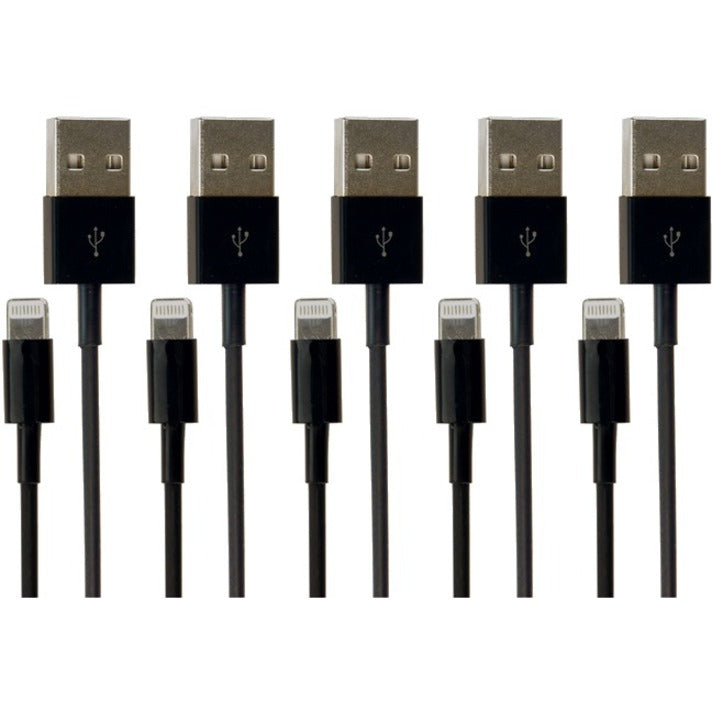 Set of five black VisionTek Lightning to USB cables arranged in parallel showing both USB-A and Lightning connectors