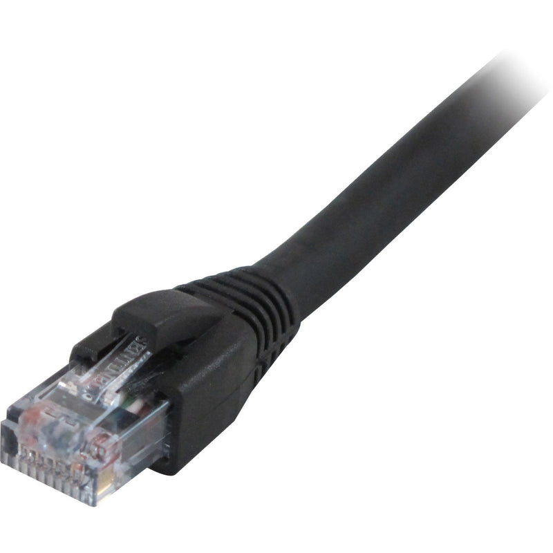 Close-up view of CAT6 cable's RJ-45 connector showing transparent housing and black strain relief boot