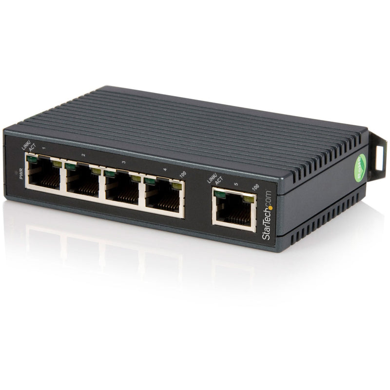 Front view of StarTech.com 5-port industrial Ethernet switch showing RJ-45 ports and ribbed cooling design