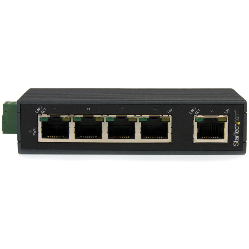 Front-facing view of industrial Ethernet switch highlighting port arrangement and LED indicators