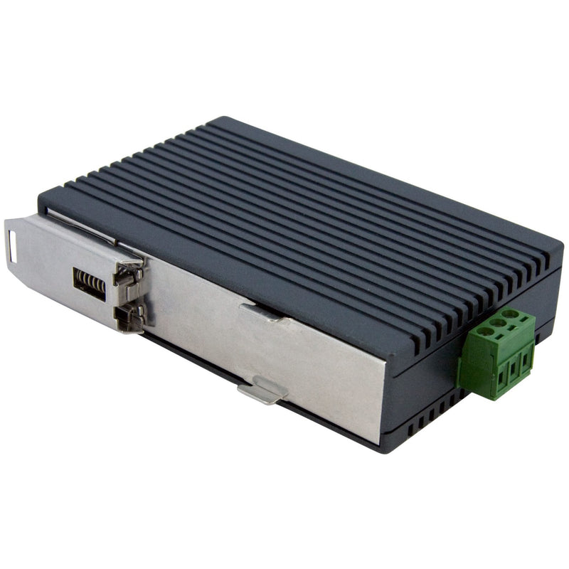 Side angle view of industrial Ethernet switch showing DIN rail mounting bracket