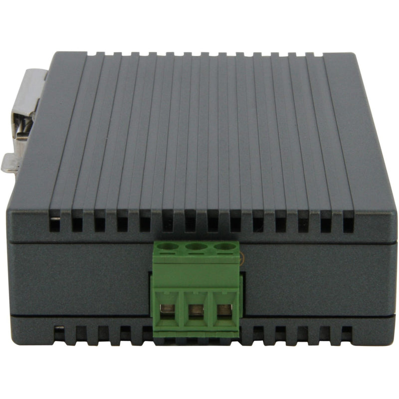 Side view of industrial Ethernet switch showing cooling fins and terminal block power connector