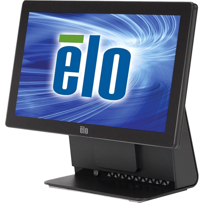 Elo 15E2 All-in-One Desktop Touchcomputer with wall mount displaying the Elo logo on a blue dynamic background