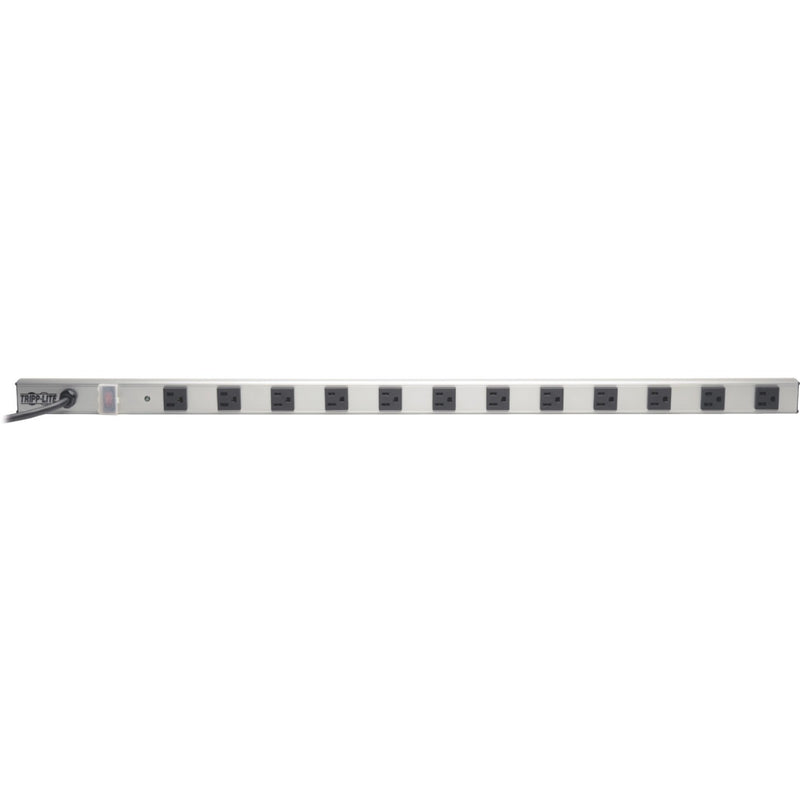 Full-length view of Tripp Lite SS3612 36-inch power strip showing 12 evenly spaced outlets and metal housing