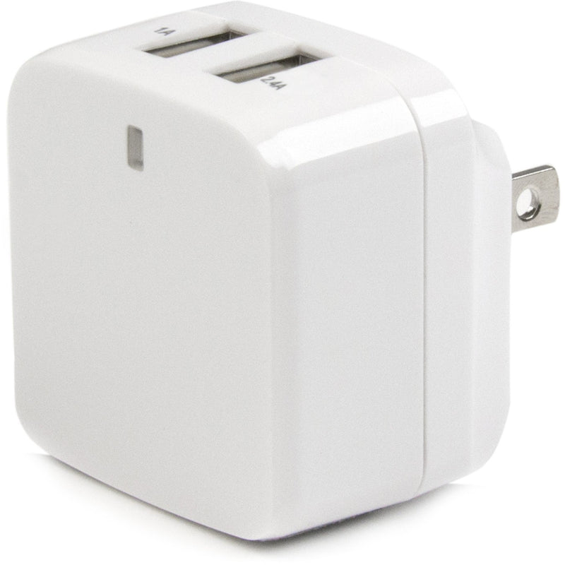 Close-up view of white dual USB wall charger showing compact design