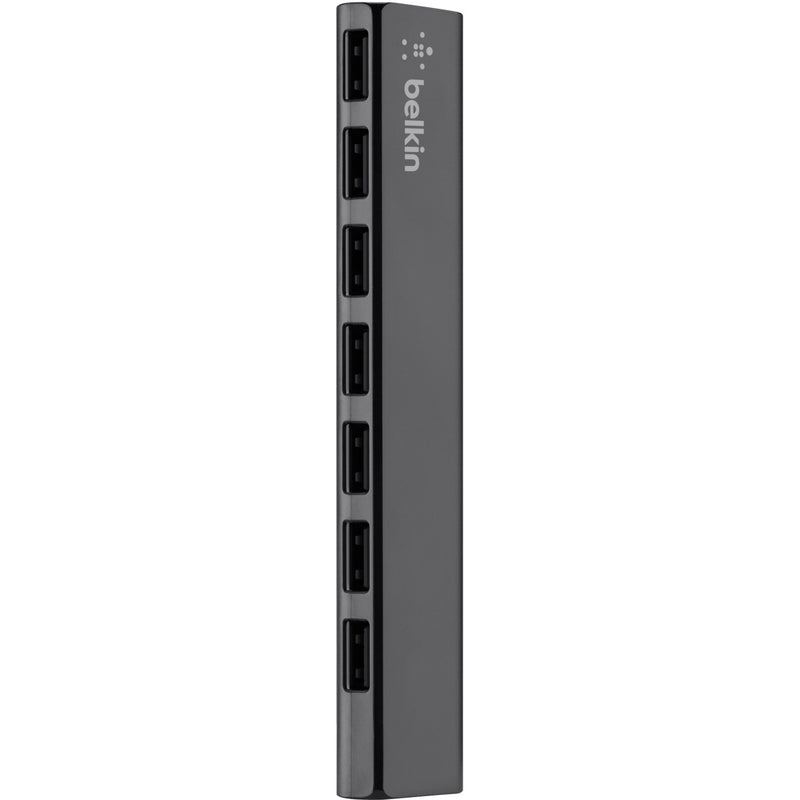 Vertical black Belkin Ultra-Slim 7-Port USB Hub showing aligned USB ports along its length