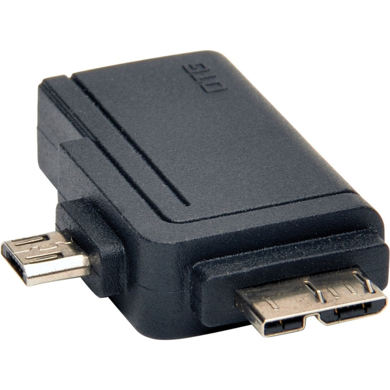 Black Tripp Lite OTG adapter showing USB Type-A female port and micro-USB male connectors