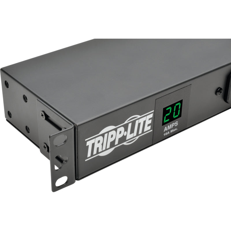 Close-up of Tripp Lite PDU digital display showing amperage reading