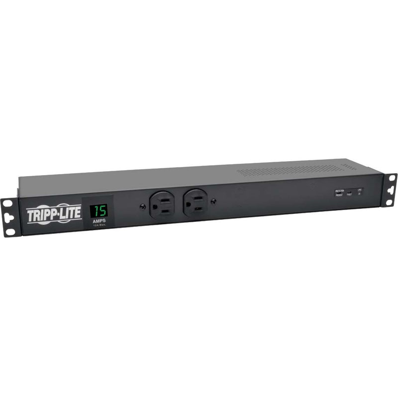 Front view of Tripp Lite PDUMH15-ISO PDU showing digital amp meter display and power outlets