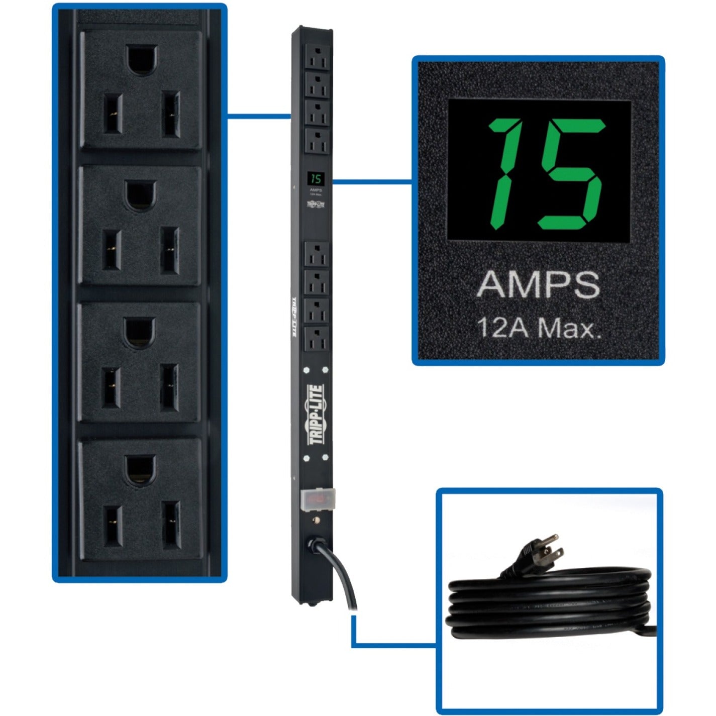 Tripp Lite PDU showing digital amp meter display and multiple power outlets-alternate-image1