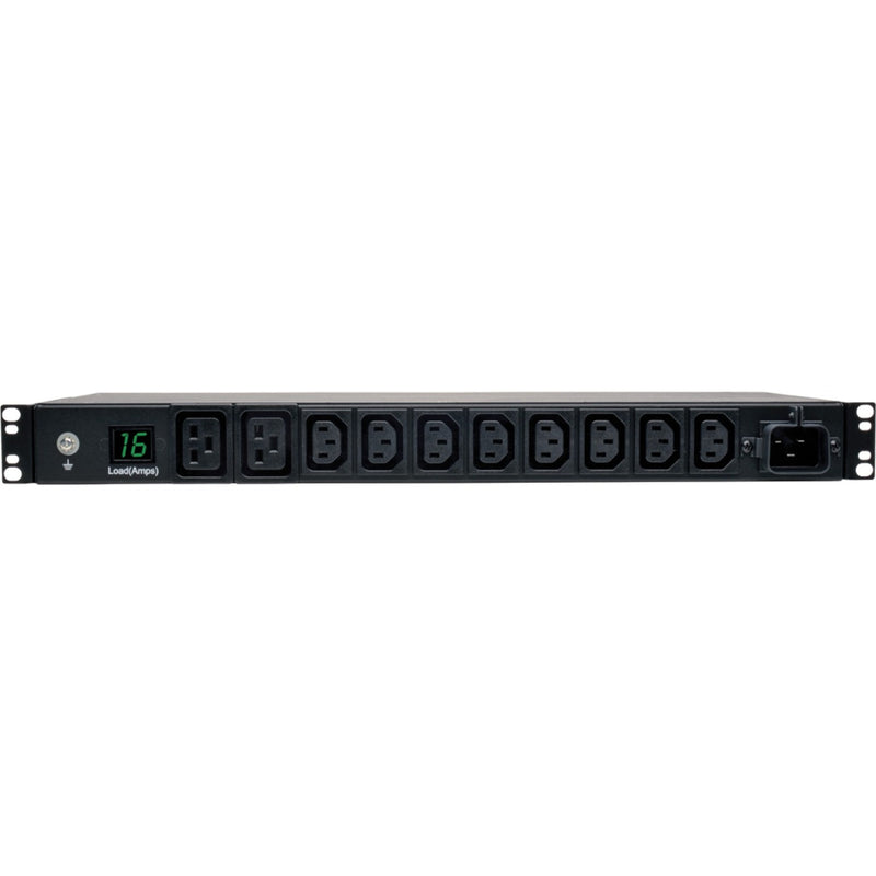 Side angle view of Tripp Lite PDU showing outlet arrangement and mounting brackets