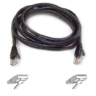 Belkin Cat6 network patch cable with RJ45 connectors and strain relief boots, shown coiled with connector diagrams