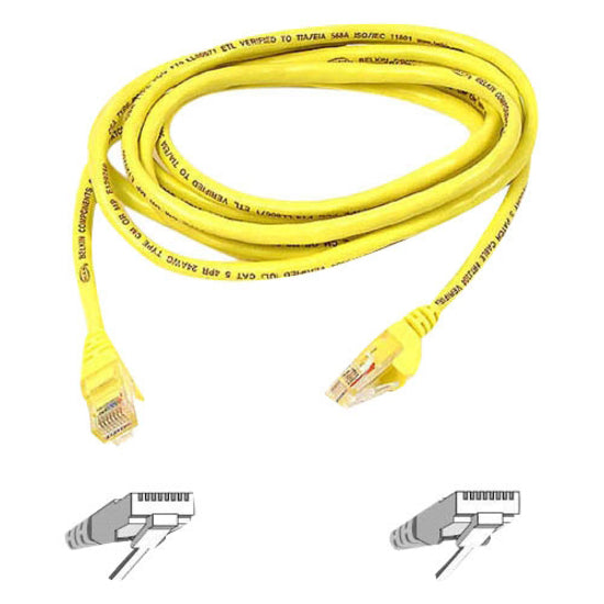 7-foot yellow Belkin CAT6 network patch cable with snagless RJ45 connectors and connector diagrams