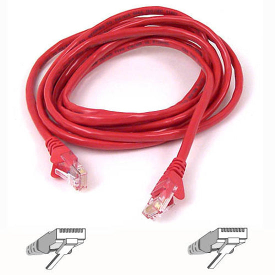 Red Cat.6 network patch cable with snagless RJ-45 connectors, coiled view with connector diagram