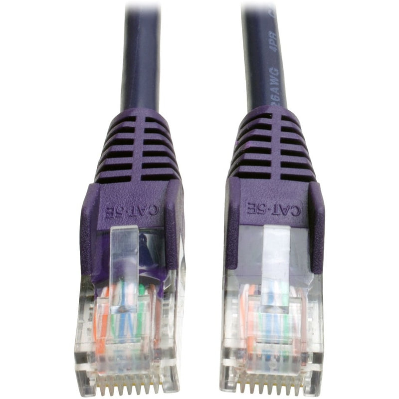 Close-up view of two purple Cat5e RJ45 connectors with transparent housings showing internal wiring