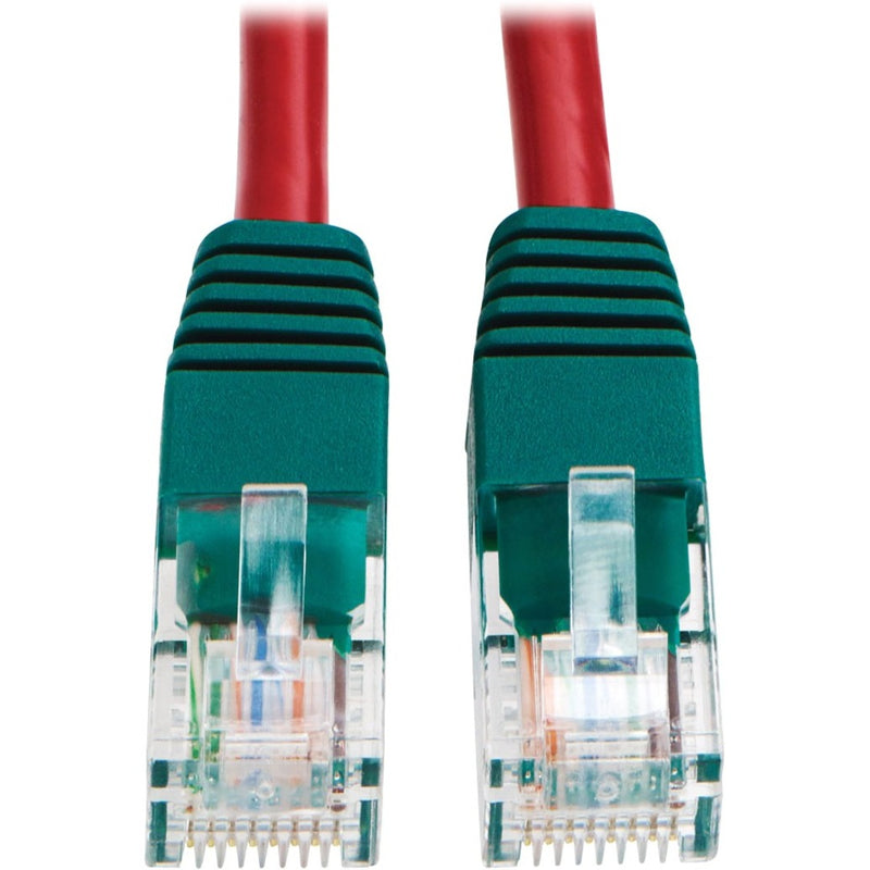 Close-up view of two green RJ45 connectors with transparent housing showing internal wiring on a red Cat5e crossover cable