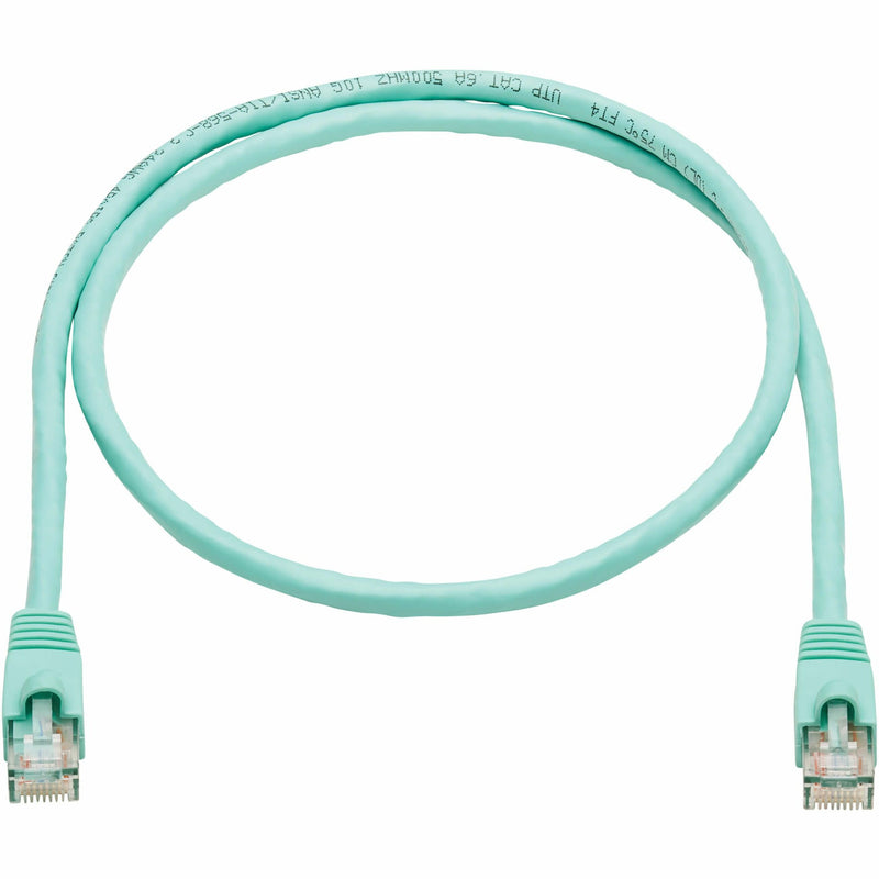 Full length view of 3-foot aqua Cat6a patch cable showing both connectors