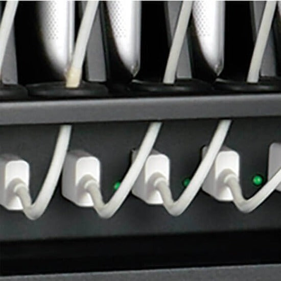 Close-up of USB charging ports with LED status indicators