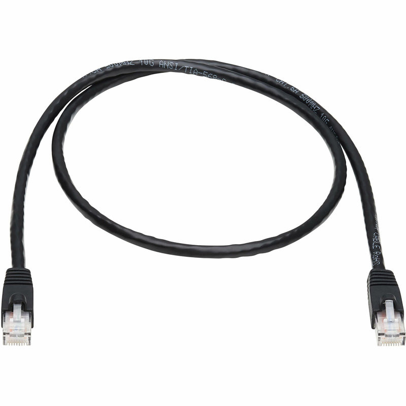 Full length view of black Cat.6a network patch cable with RJ-45 connectors on both ends