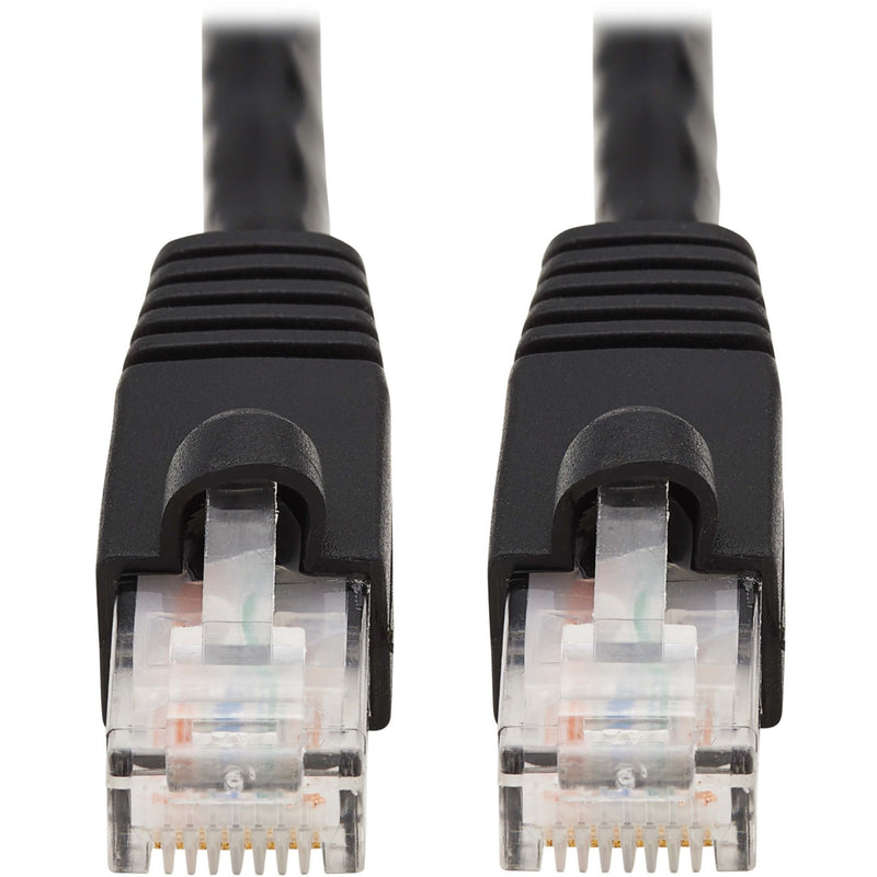 Close-up view of two black RJ-45 connectors with snagless boots and transparent termination points on Cat.6a network cable