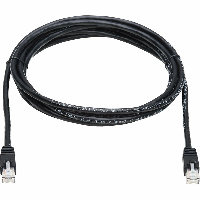 Full length view of black Cat6a patch cable showing cable flexibility and both connectors