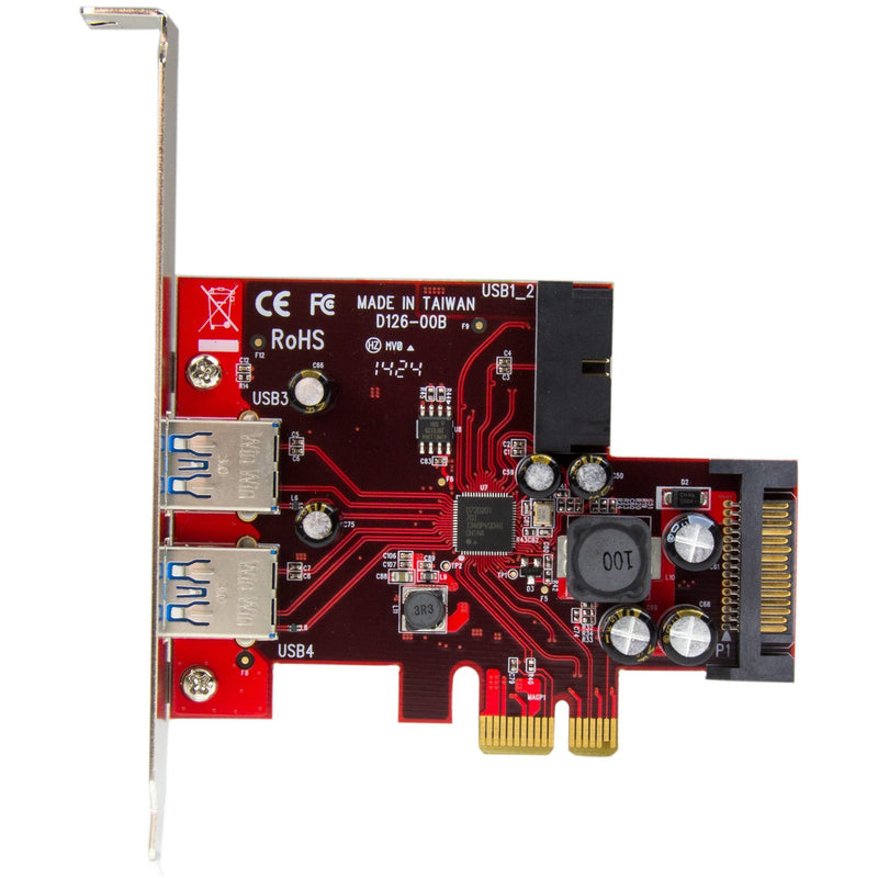 Close-up of StarTech.com USB 3.0 PCIe card circuit board showing component layout and SATA power connection