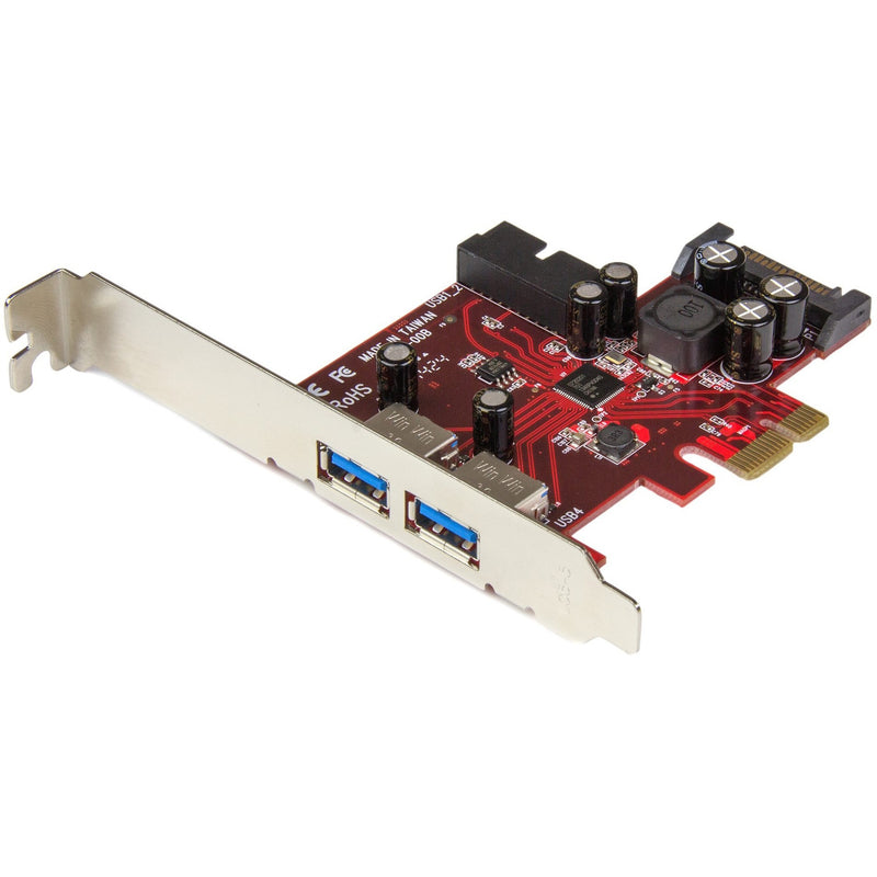 StarTech.com PCIe USB 3.0 card showing external ports and red circuit board with metallic bracket