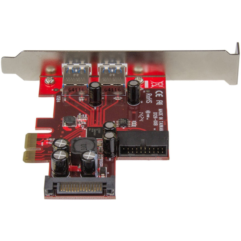 Top view of StarTech.com PCIe USB 3.0 card showing internal headers and SATA connector