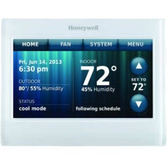 Honeywell WiFi 9000 thermostat displaying color touchscreen interface showing temperature, humidity, and system controls-alternate-image1