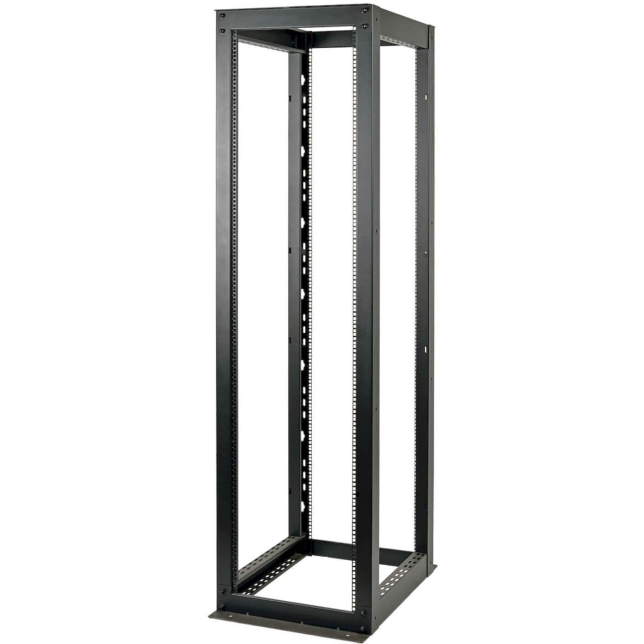 Front view of Tripp Lite SR4POST48HD 48U 4-post open frame rack showing full height and mounting rails-alternate-image1