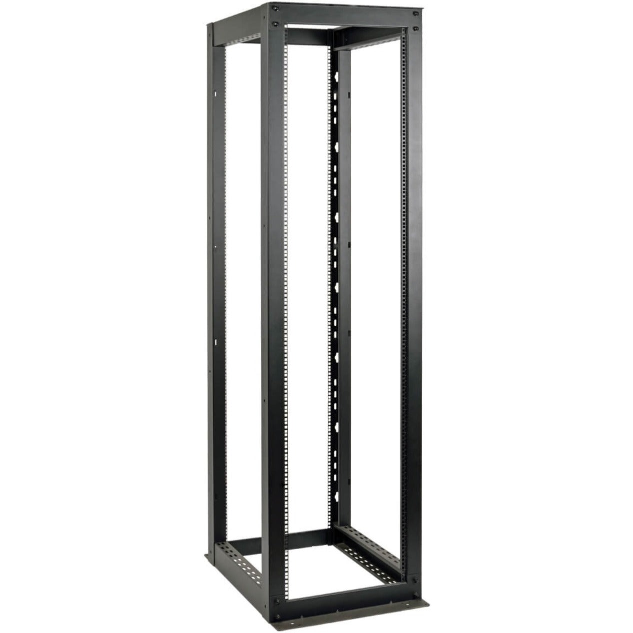 Front view of Tripp Lite SR4POST50HD 50U heavy-duty 4-post open frame rack showing full height and mounting rails-alternate-image1