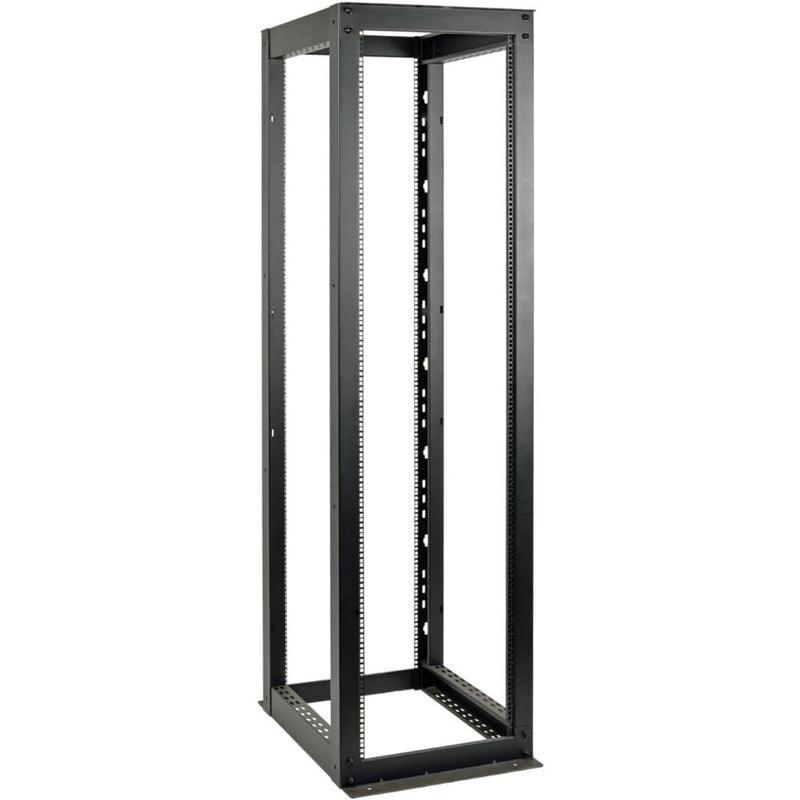 Front angled view of Tripp Lite SR4POST52HD 52U open frame rack showing full height and mounting rails