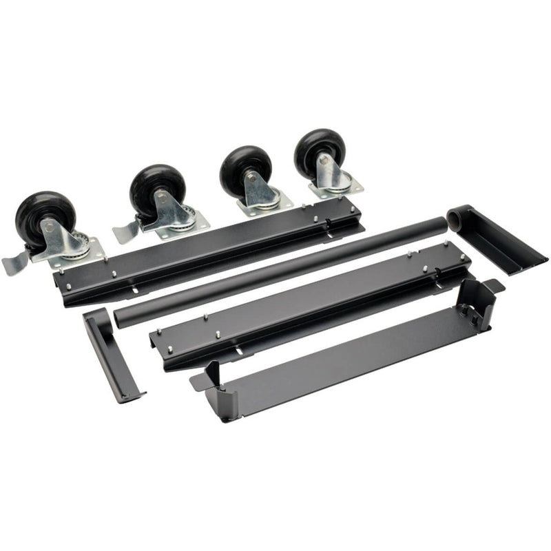 Disassembled view of Tripp Lite CSHANDLEKIT showing casters, brackets and handle components