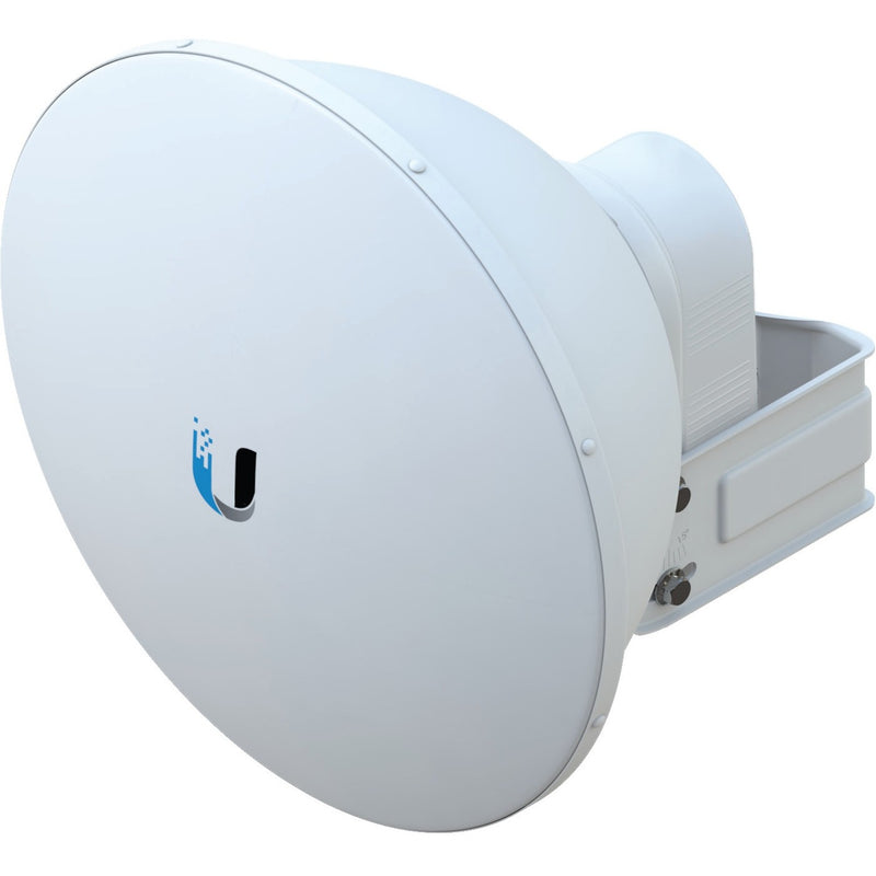 Ubiquiti AF-5G23-S45 white dish antenna with 23 dBi gain showing mounting bracket and airFiber X compatibility