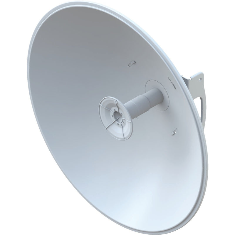 Ubiquiti AF-5G30-S45 white parabolic dish antenna with 30 dBi gain shown at an angle displaying its precise engineering and mounting bracket