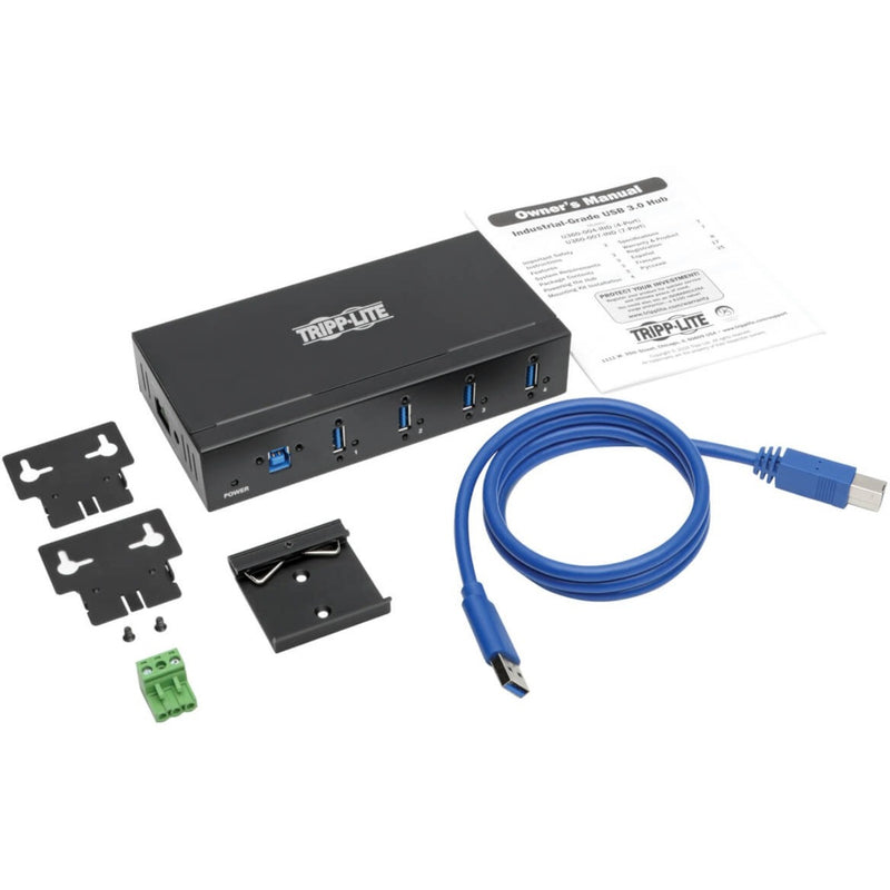 Complete package contents including USB hub, cables, and mounting hardware