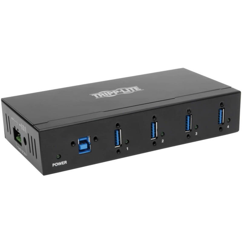 Front view of Tripp Lite industrial USB 3.0 hub showing four USB ports and power indicator