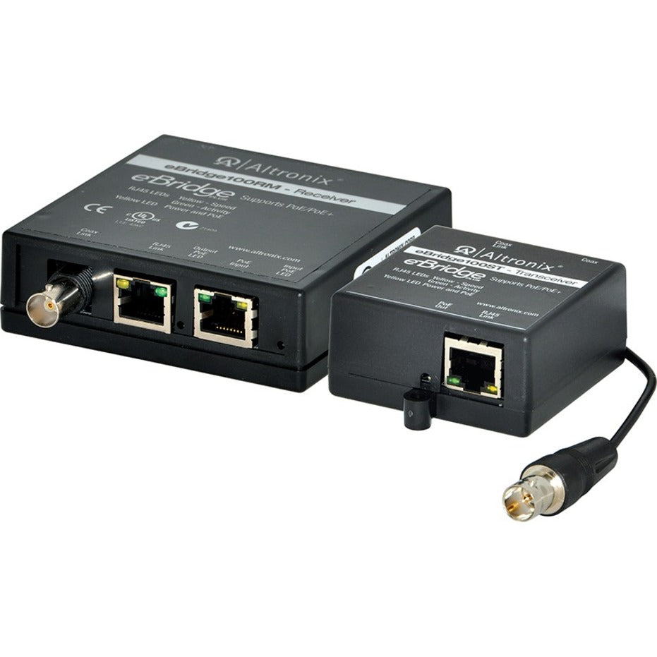 Altronix EBRIDGE100STR video extender kit showing receiver and mini transceiver units with network and BNC connections-alternate-image1