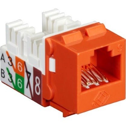 Orange CAT6 keystone jack with dual T568A/B wiring labels and gold-plated contacts