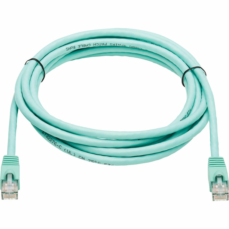 Full length view of 10ft aqua Cat6a network patch cable with snagless connectors