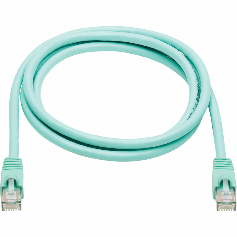 Full length view of 5-foot aqua Cat6a network cable showing flexible design and RJ-45 connectors