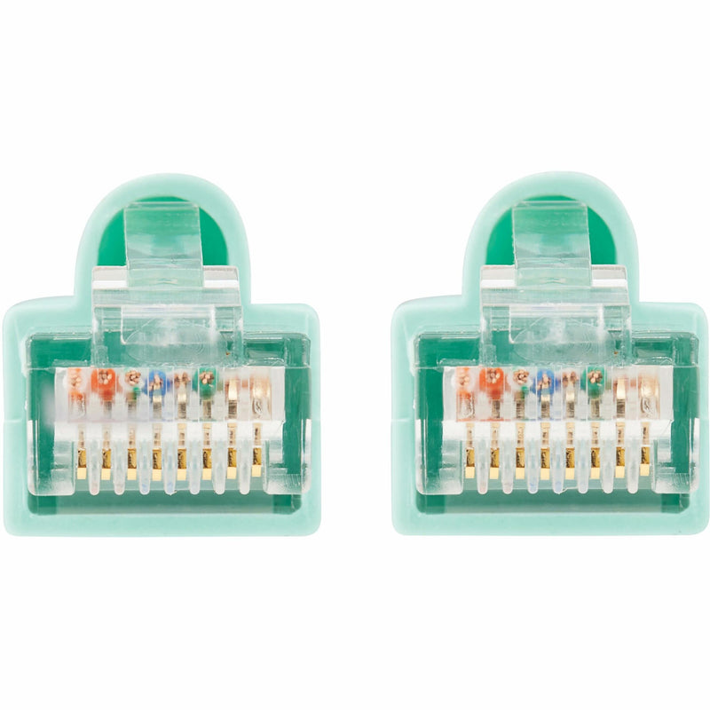 Detailed macro shot of RJ-45 connector pins and internal wiring configuration