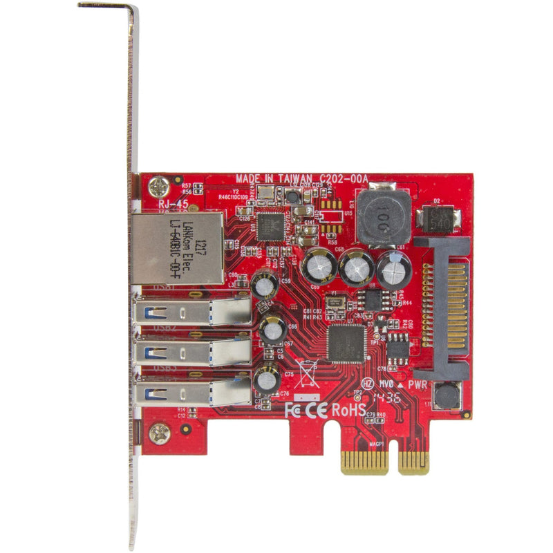 Top-down view of StarTech.com PCIe card's red circuit board showing detailed component layout and port configuration